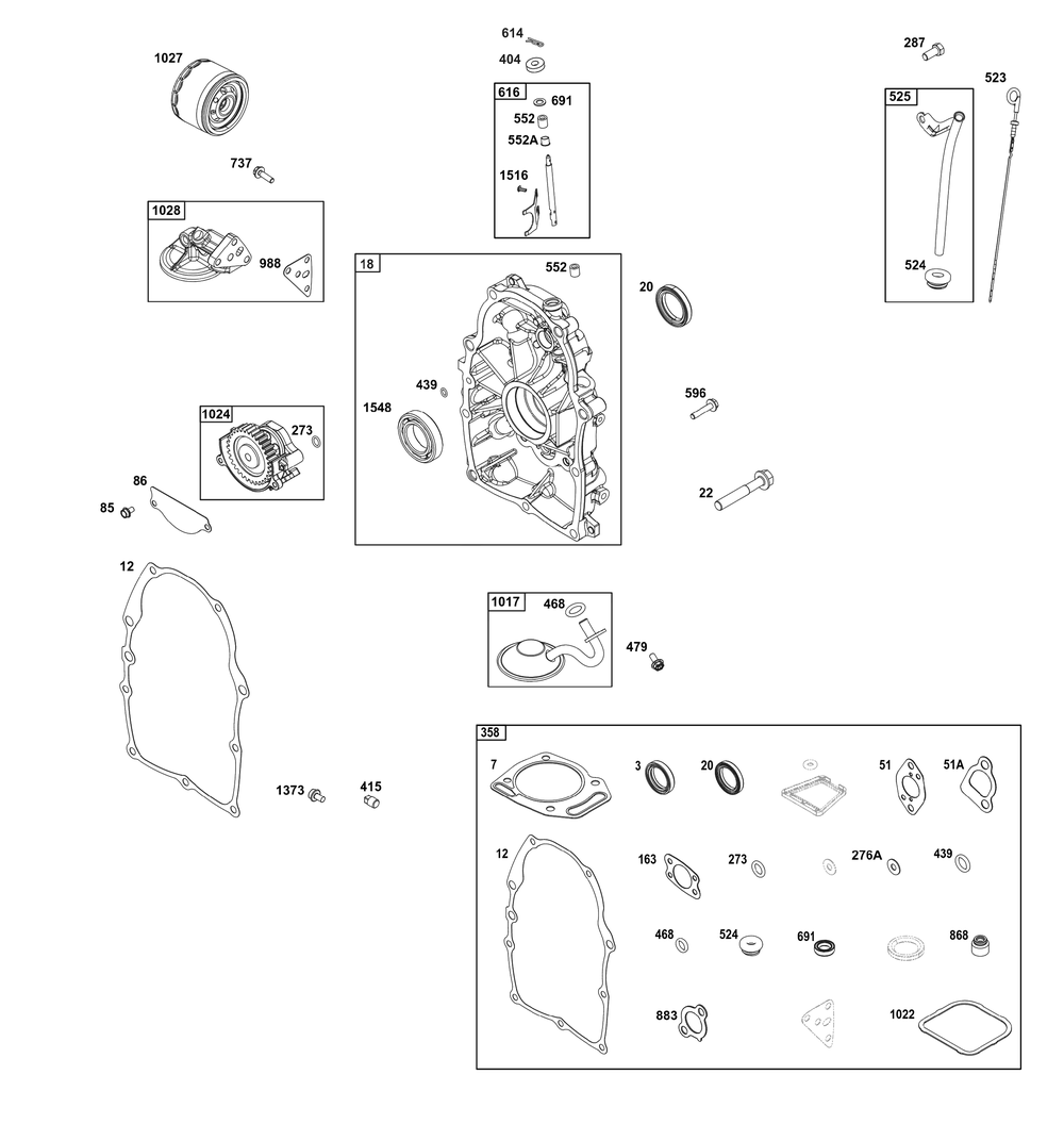 Crankcase Cover/Sump And Lubrication Group Diagram and Parts List for 356447-0656-G1 200000 - 399999 Briggs and Stratton Engine